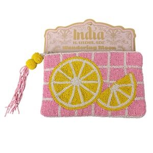 New Beaded Pink Lemon Tassel Zipper Pouch | Lined | Wandering Moon India